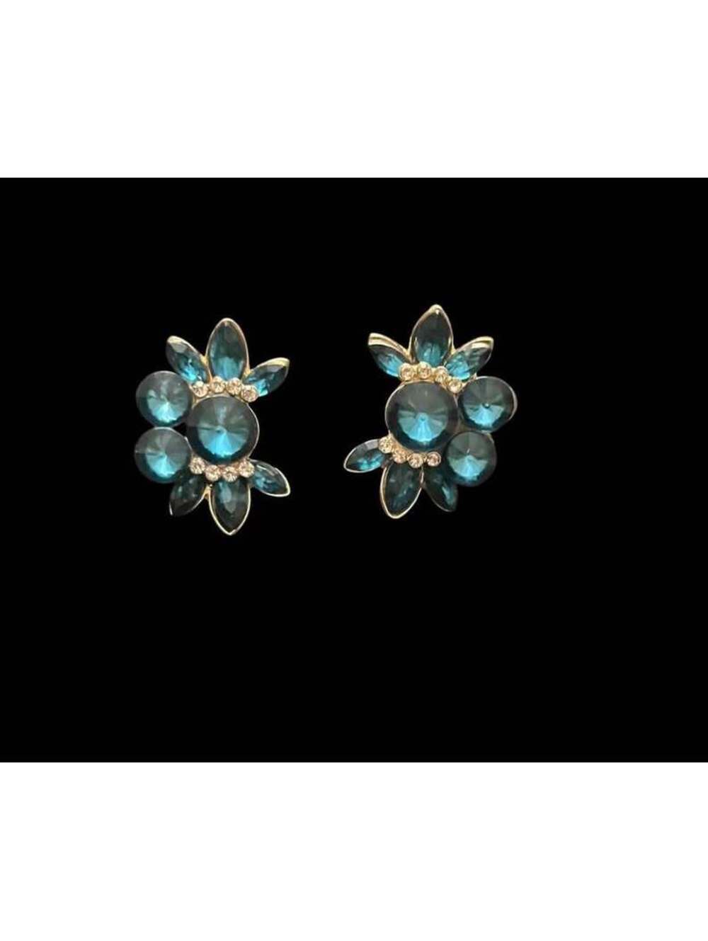 Blue Rhinestone Floral Stud Clip On Earrings